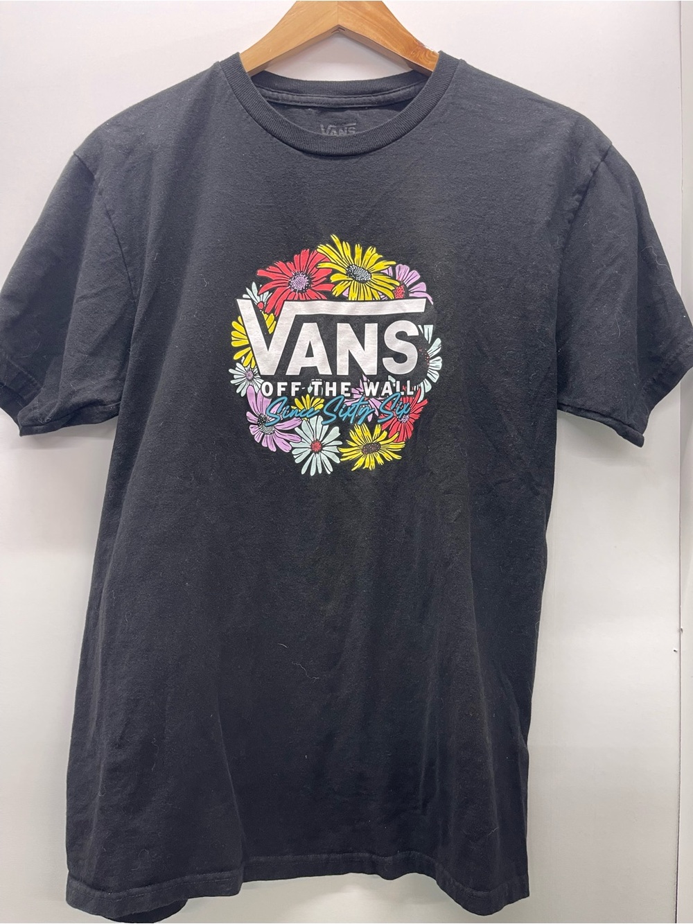 Vans Black Short Sleeve Tee with Colorful Floral Logo